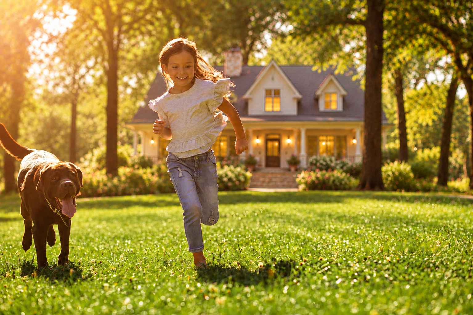 Girl running with her dog on a green lawn in front of a house